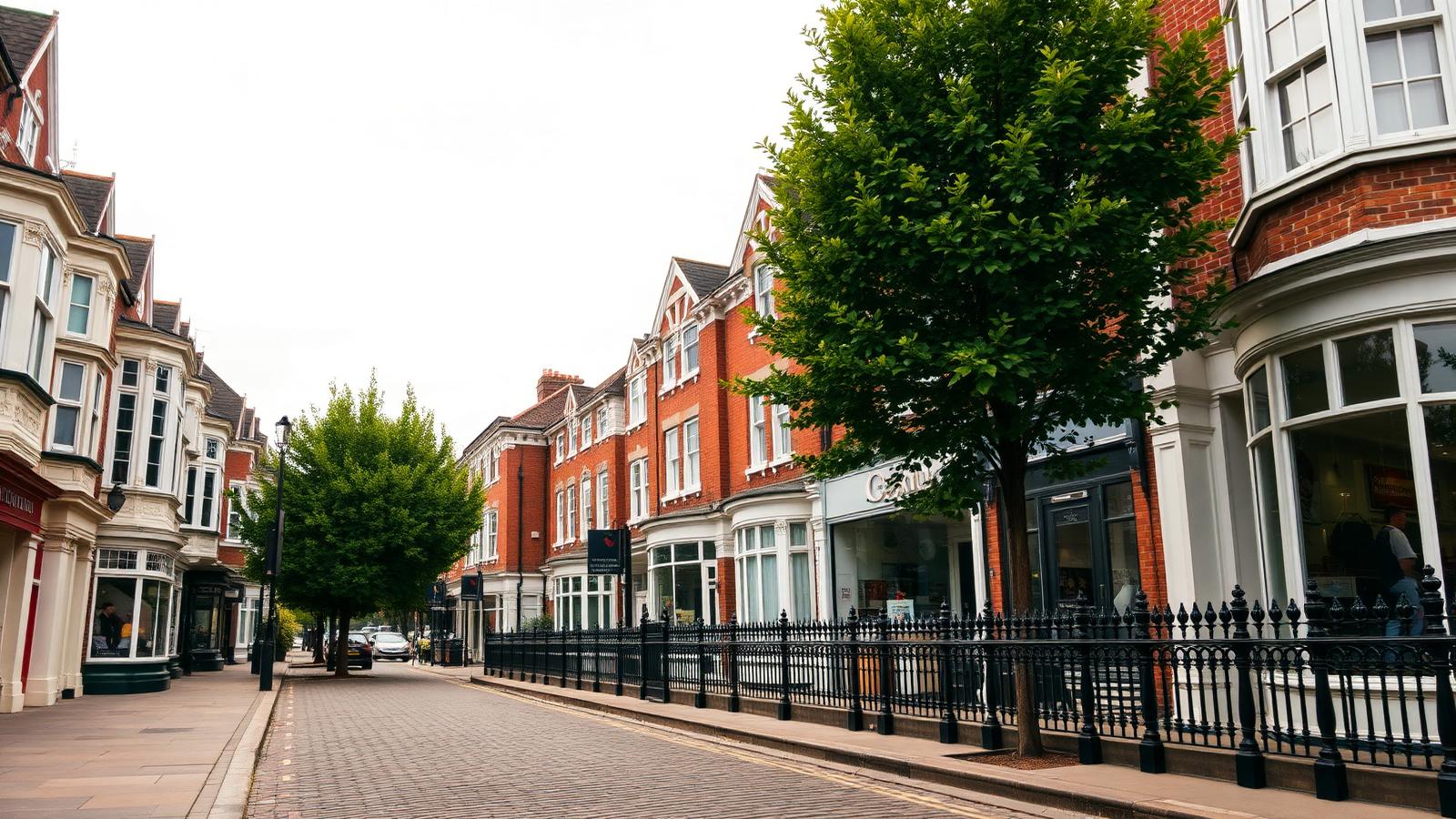 Sidcup high street with Victorian shopfronts and iron railings, Kent