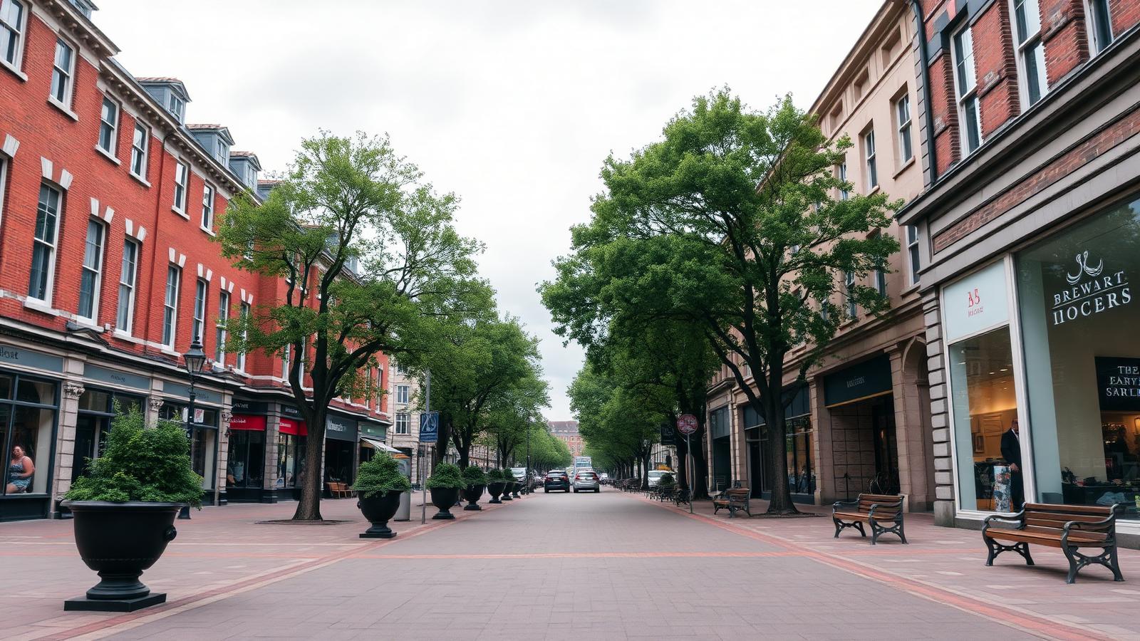 Bromley high street with brick facades and plane trees, South East London