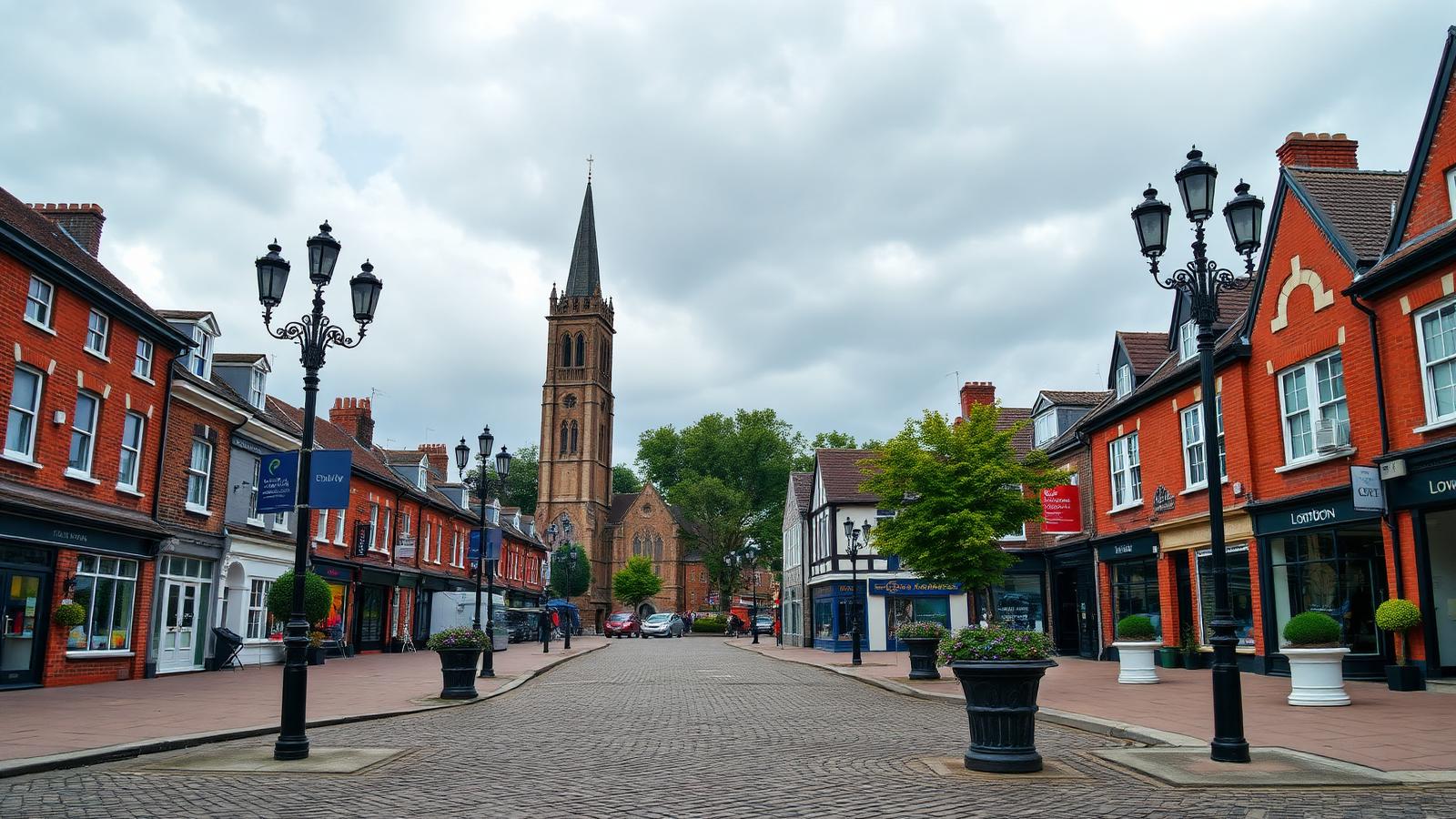 Dartford town centre with Holy Trinity Church spire and Georgian buildings, Kent